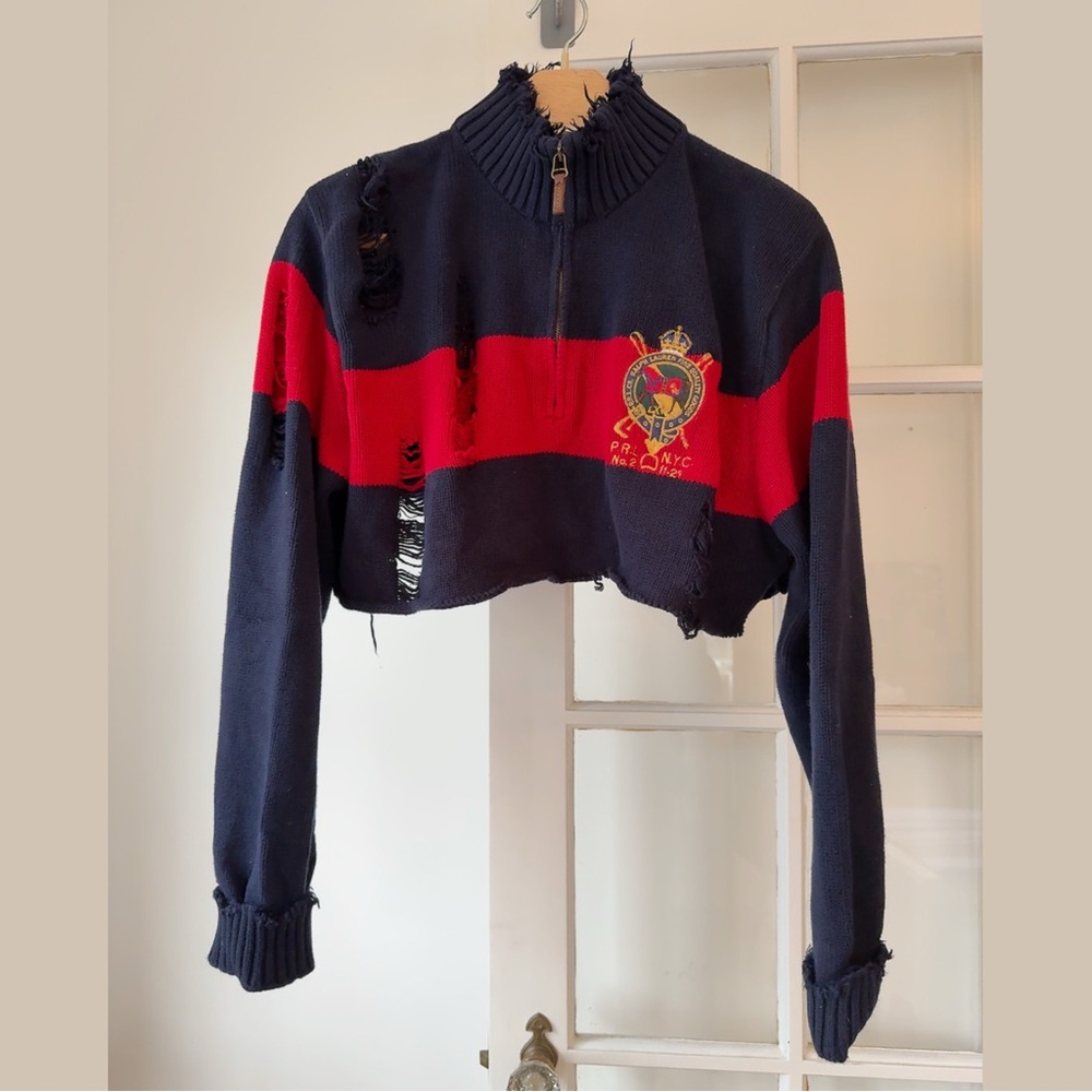 Ralph Lauren Navy and Red Knit Striped Sweater Cotton size M Quarter Zip